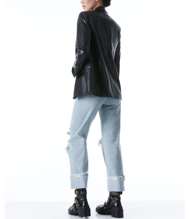DENNY VEGAN LEATHER NOTCH COLLAR BLAZER