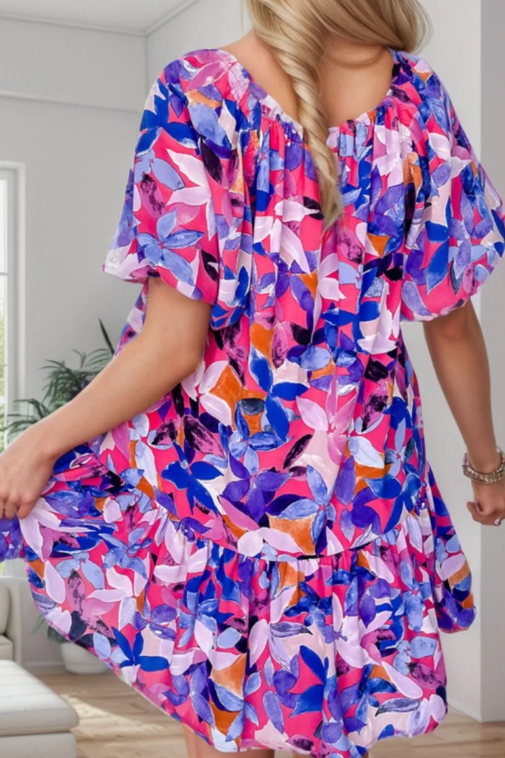 Desmond Printed Square Neck Short Sleeve Mini Dress