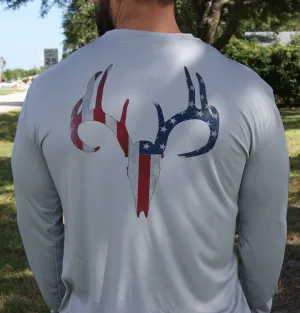 Distressed American Flag Deer Skull Gray UPF Long Sleeve Shirt