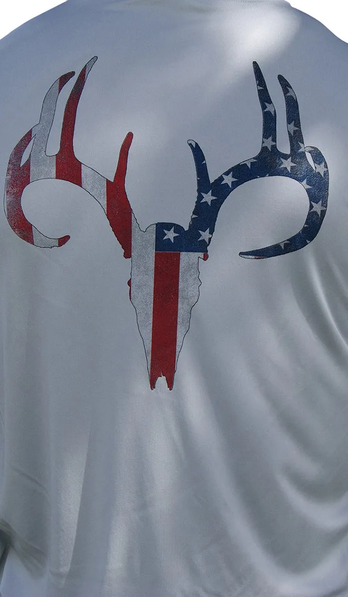 Distressed American Flag Deer Skull Gray UPF Long Sleeve Shirt