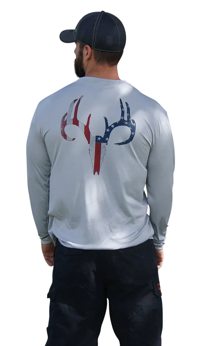 Distressed American Flag Deer Skull Gray UPF Long Sleeve Shirt