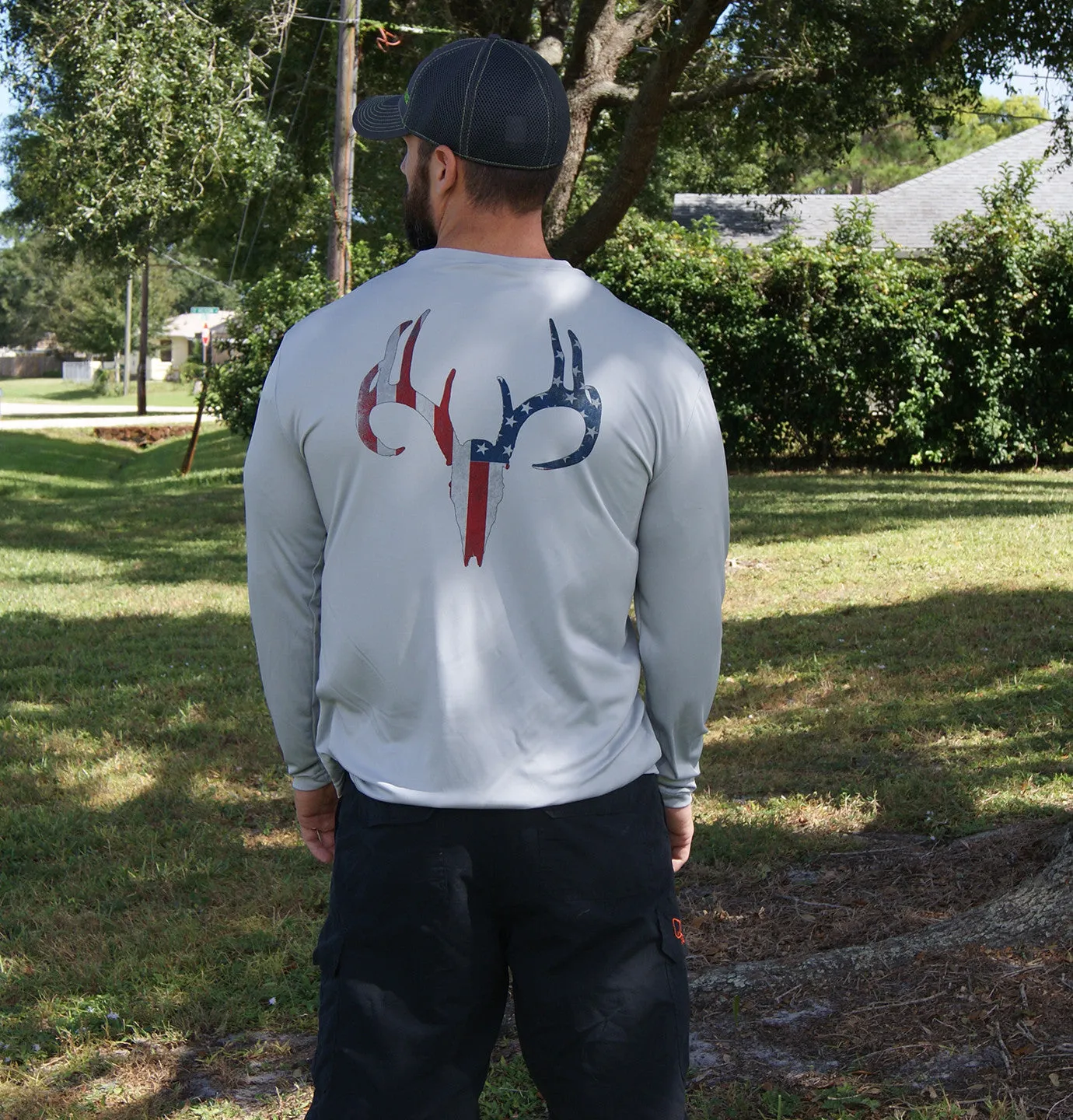 Distressed American Flag Deer Skull Gray UPF Long Sleeve Shirt