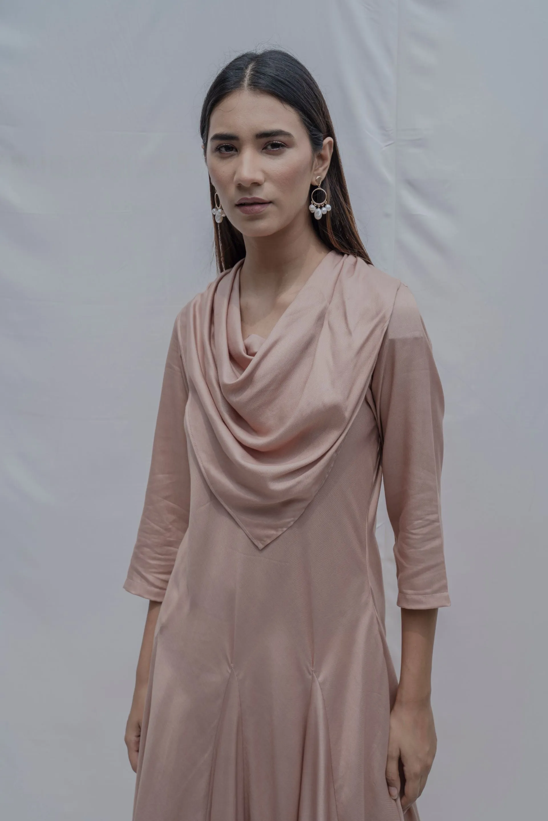 Dream- Rose Gold Draped Cowl dress