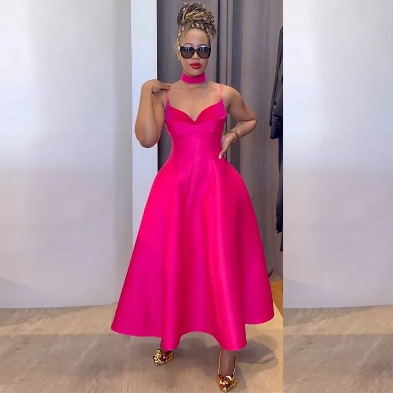 Elegant High-Waist A-Line Dress with Chic V-Neck Strap Design