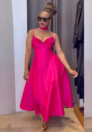 Elegant High-Waist A-Line Dress with Chic V-Neck Strap Design