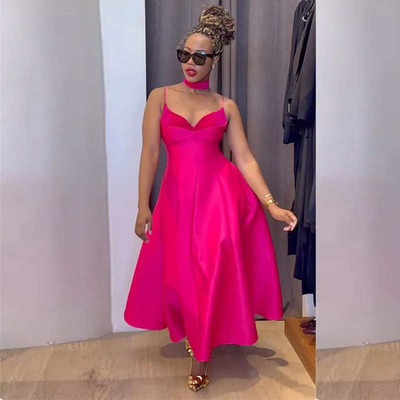 Elegant High-Waist A-Line Dress with Chic V-Neck Strap Design