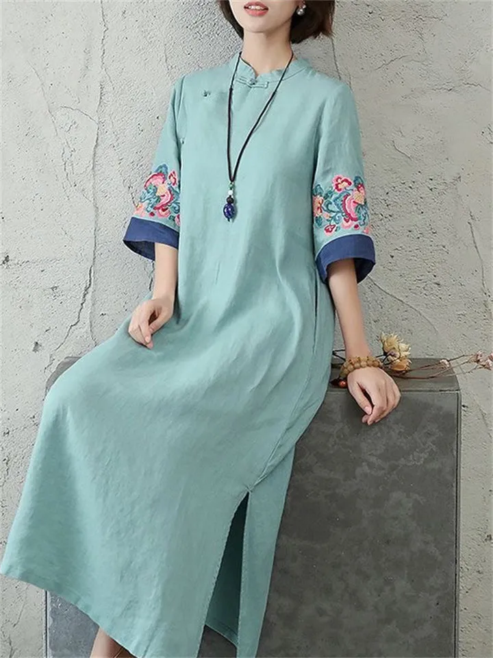 Ethnic Style Cuff Flower Embroidery Side Split Qipao Dress for Lady