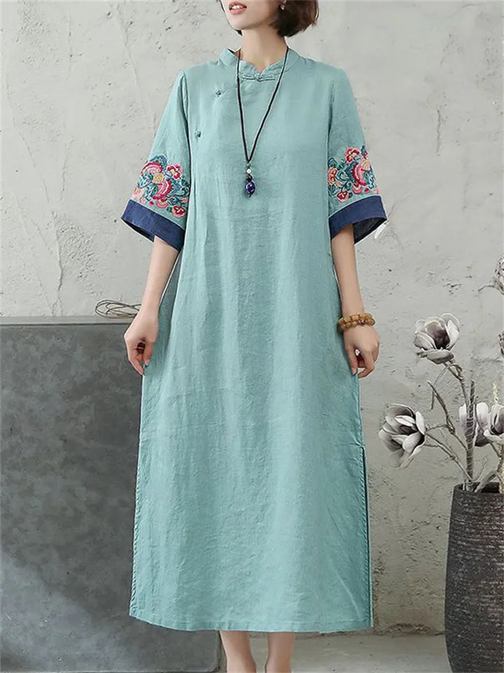 Ethnic Style Cuff Flower Embroidery Side Split Qipao Dress for Lady