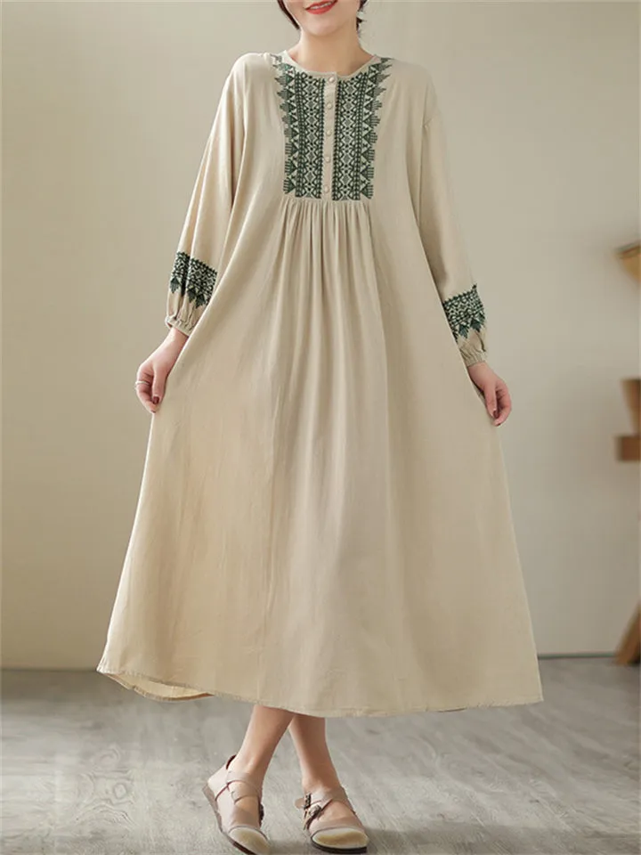 Female Geometric Embroidered Round Collar Half Placket Dress