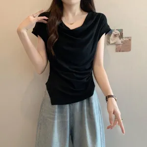 Flattering Women's T-Shirt Featuring Wrinkle Effect and Asymmetrical Hem