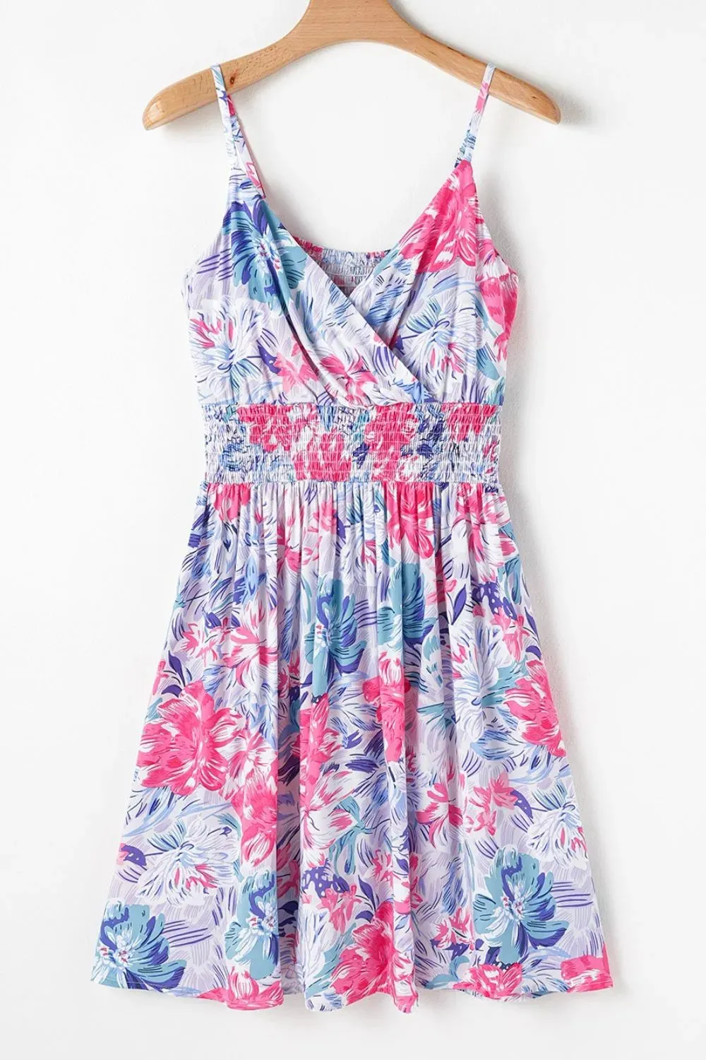 Floral Spaghetti Strap Surplice Neck Shirred Waist Mini Dress