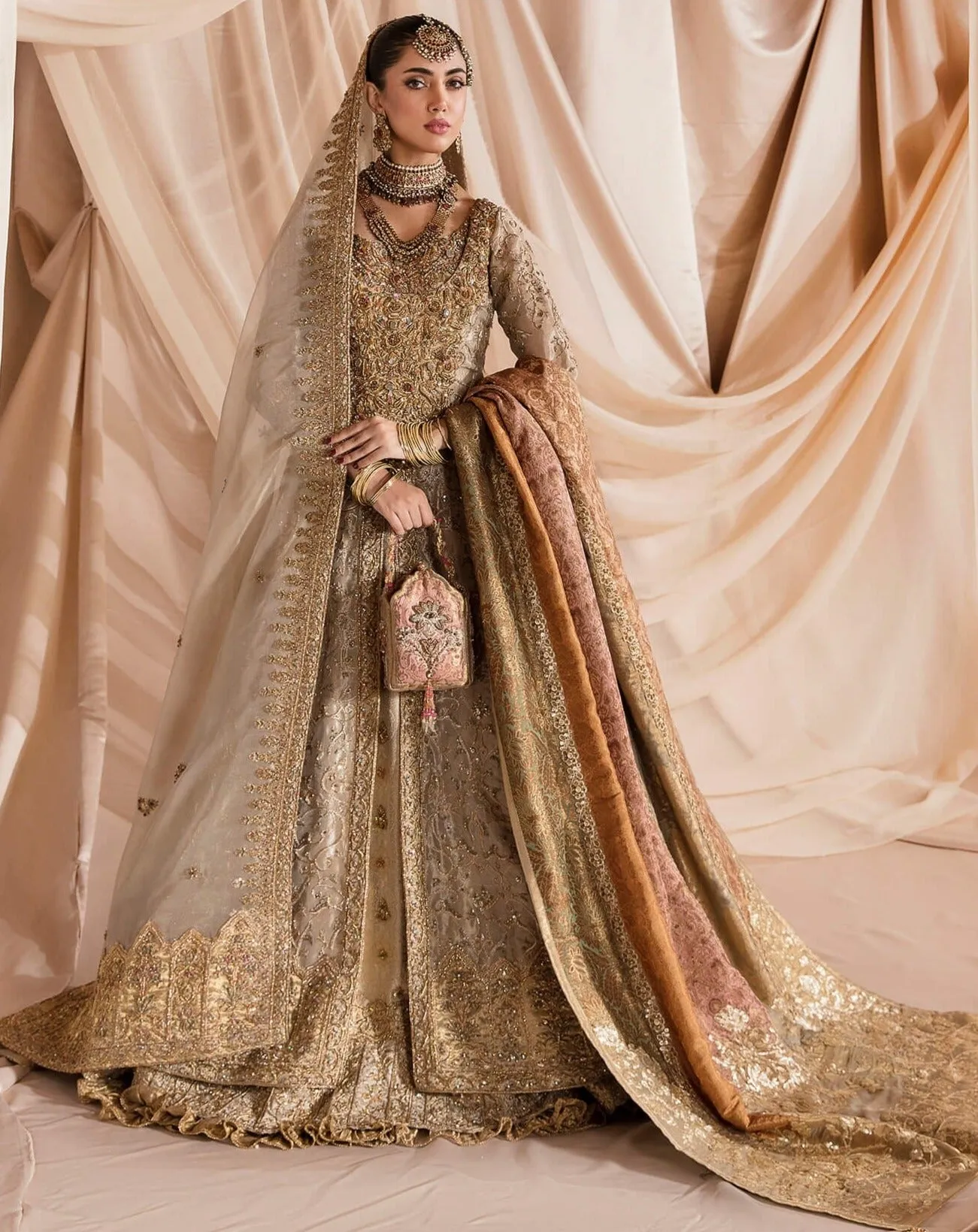 Golden Tissue Lehenga Pakistani Wedding Dresses