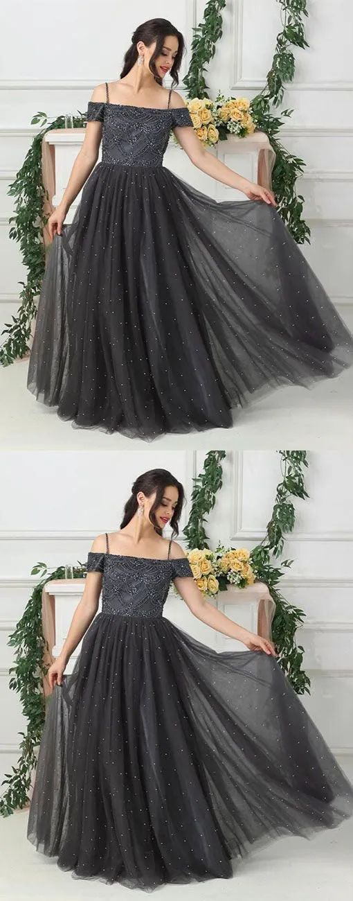 Grey Tulle A Line Beads Long Prom Dresses,Evening Dresses OKE88