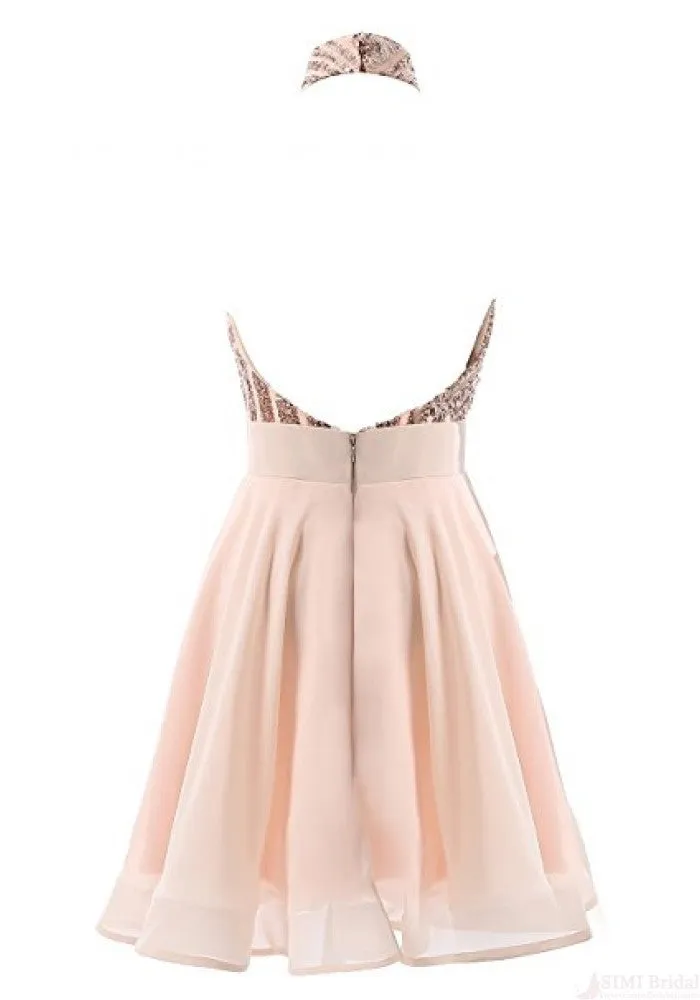 Halter Sequins Short Prom Dress,Backless Mini Homecoming Dresses,Cocktail Dresses OK496