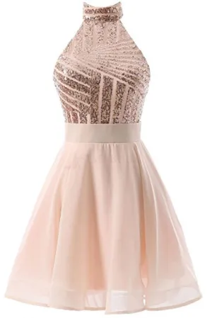 Halter Sequins Short Prom Dress,Backless Mini Homecoming Dresses,Cocktail Dresses OK496
