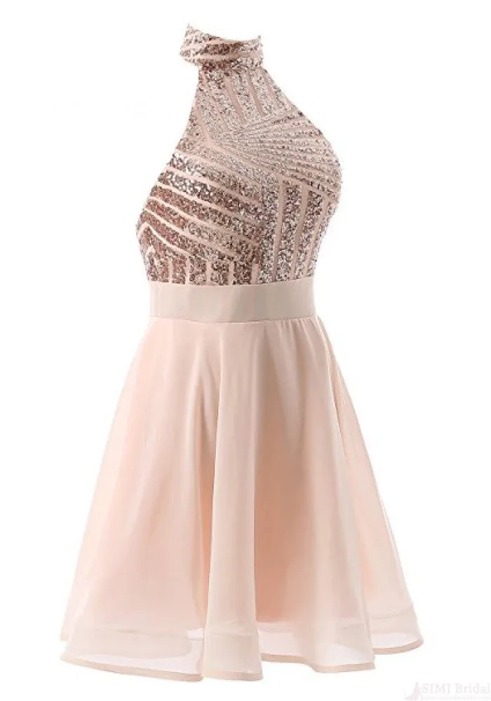 Halter Sequins Short Prom Dress,Backless Mini Homecoming Dresses,Cocktail Dresses OK496