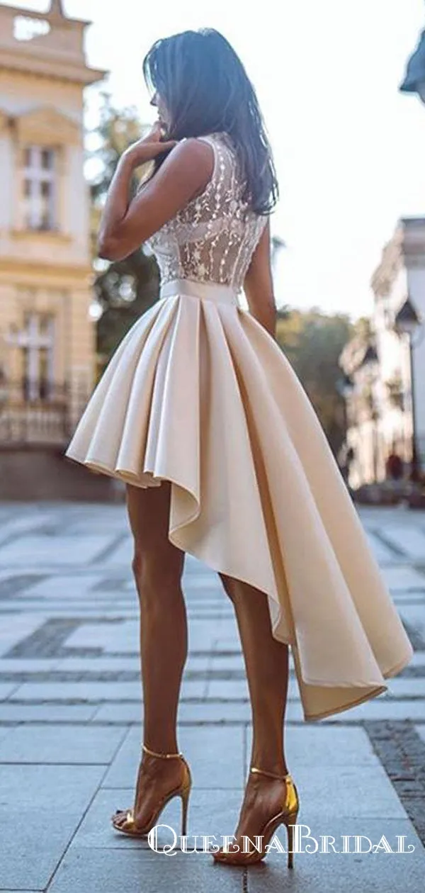 High Low V-neck Cheap Champagne Homecoming Dresses With Appliques, QB0893