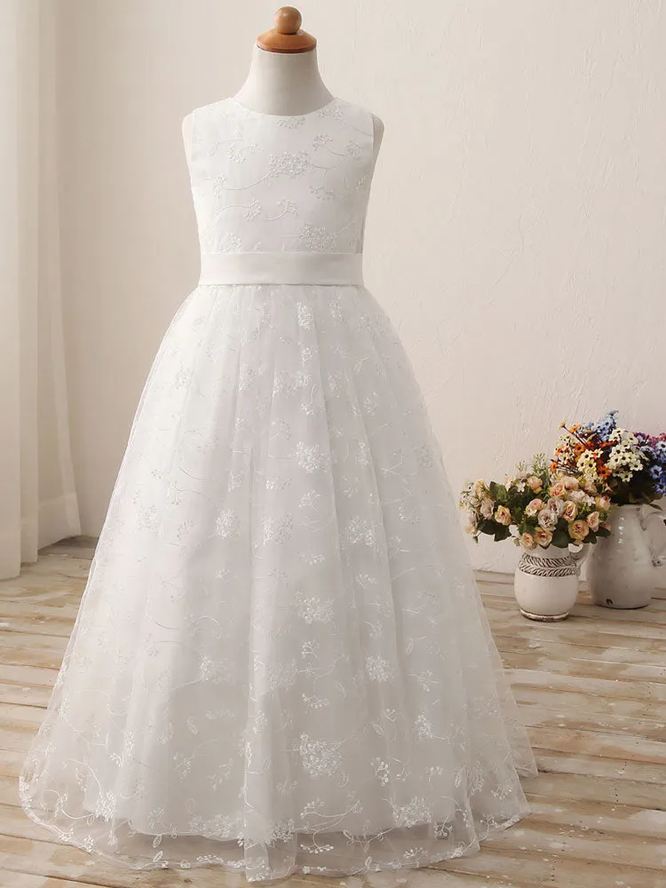 Jewel Neck Sleeveless Sash Formal Kids Pageant flower girl dresses