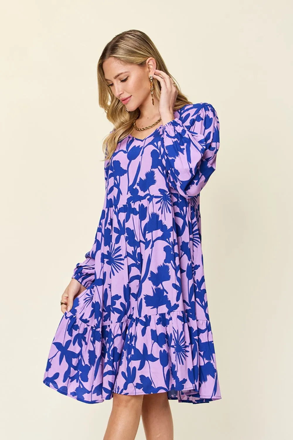 Journee Full Size Printed Ruffle Hem Long Sleeve Dress