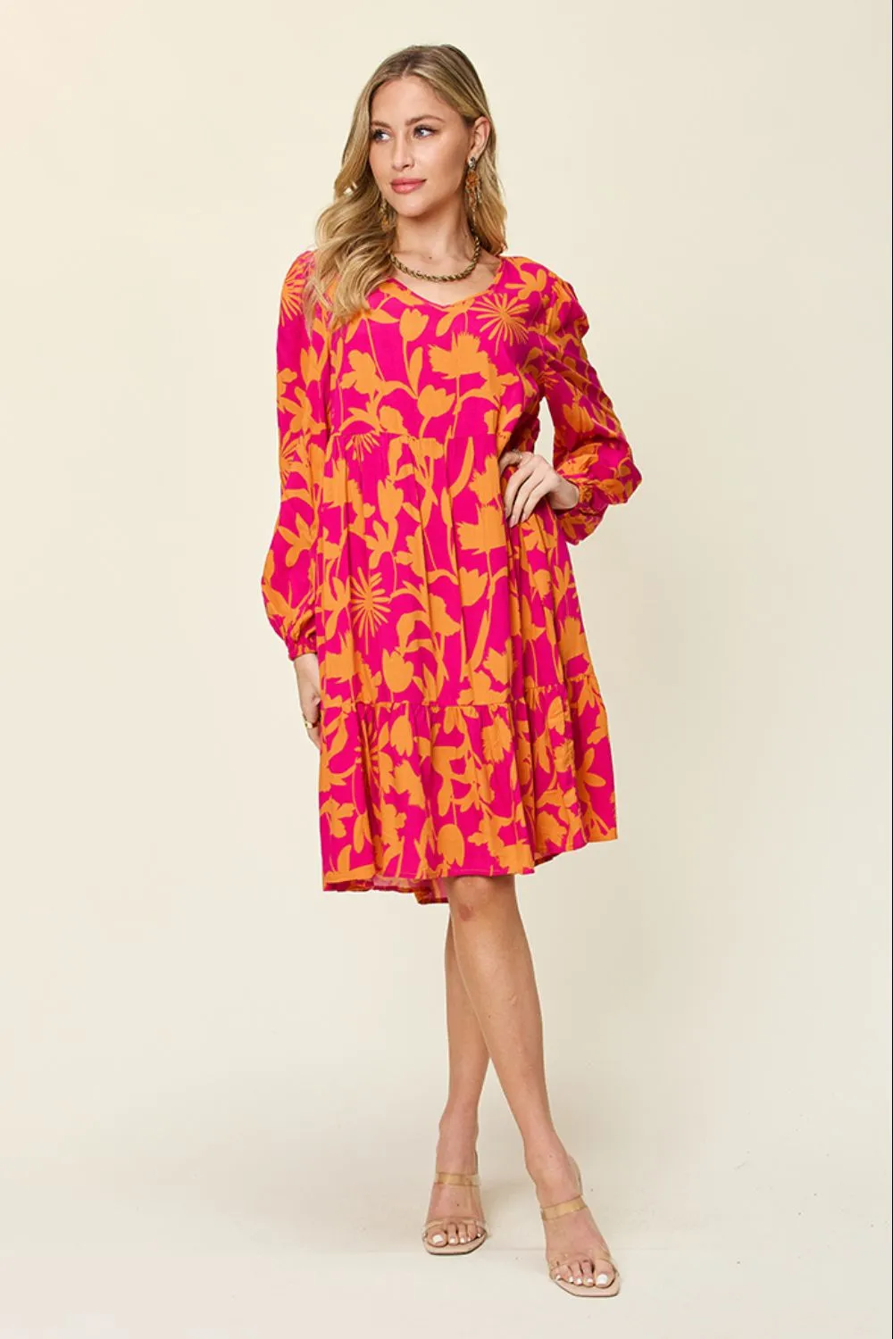 Journee Full Size Printed Ruffle Hem Long Sleeve Dress