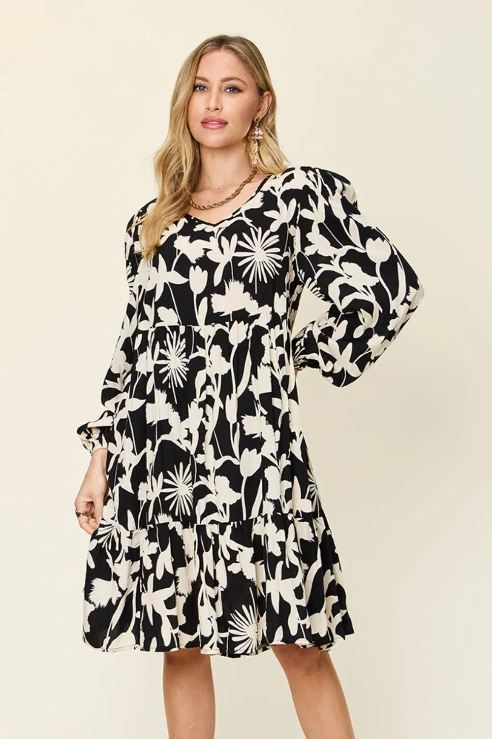 Journee Full Size Printed Ruffle Hem Long Sleeve Dress