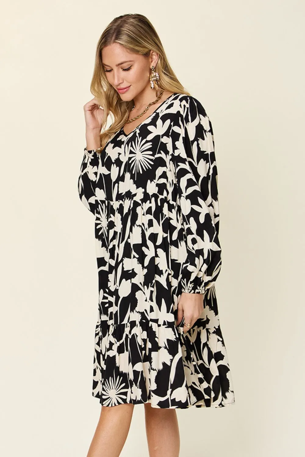 Journee Full Size Printed Ruffle Hem Long Sleeve Dress