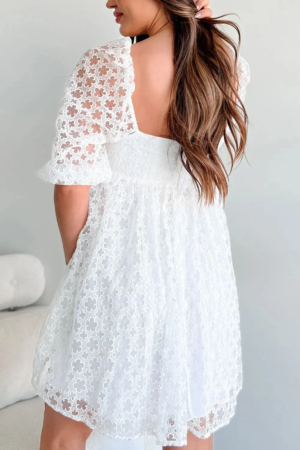 Lace Puff Sleeve Empire Waist Mini Dress