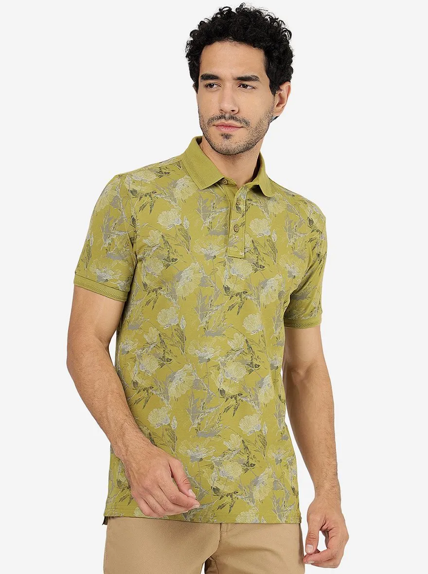 Light Olive Printed Slim Fit Polo T-Shirt | JadeBlue