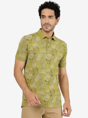 Light Olive Printed Slim Fit Polo T-Shirt | JadeBlue