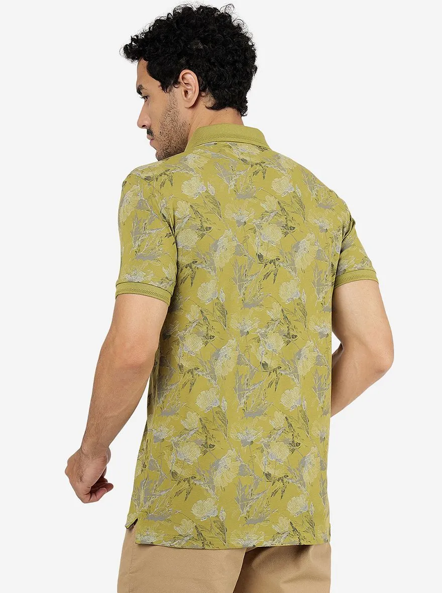 Light Olive Printed Slim Fit Polo T-Shirt | JadeBlue