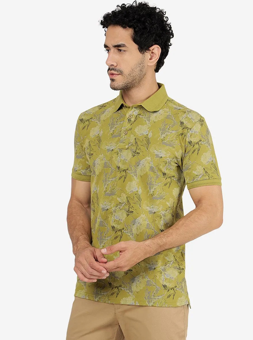 Light Olive Printed Slim Fit Polo T-Shirt | JadeBlue