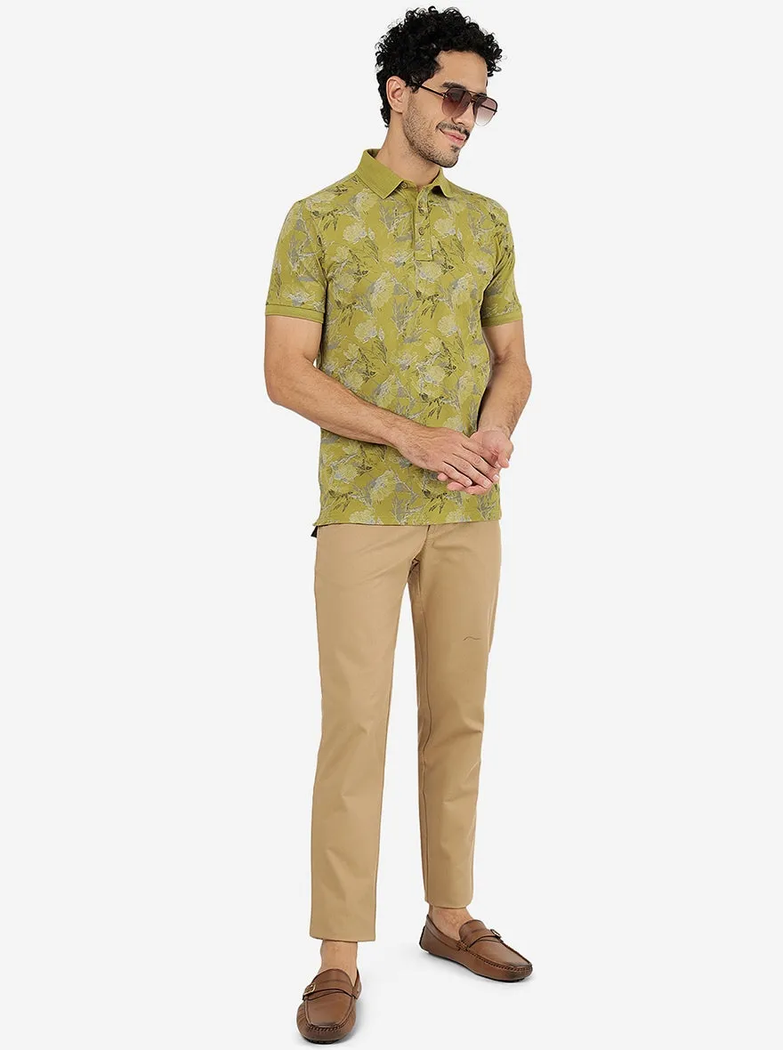 Light Olive Printed Slim Fit Polo T-Shirt | JadeBlue