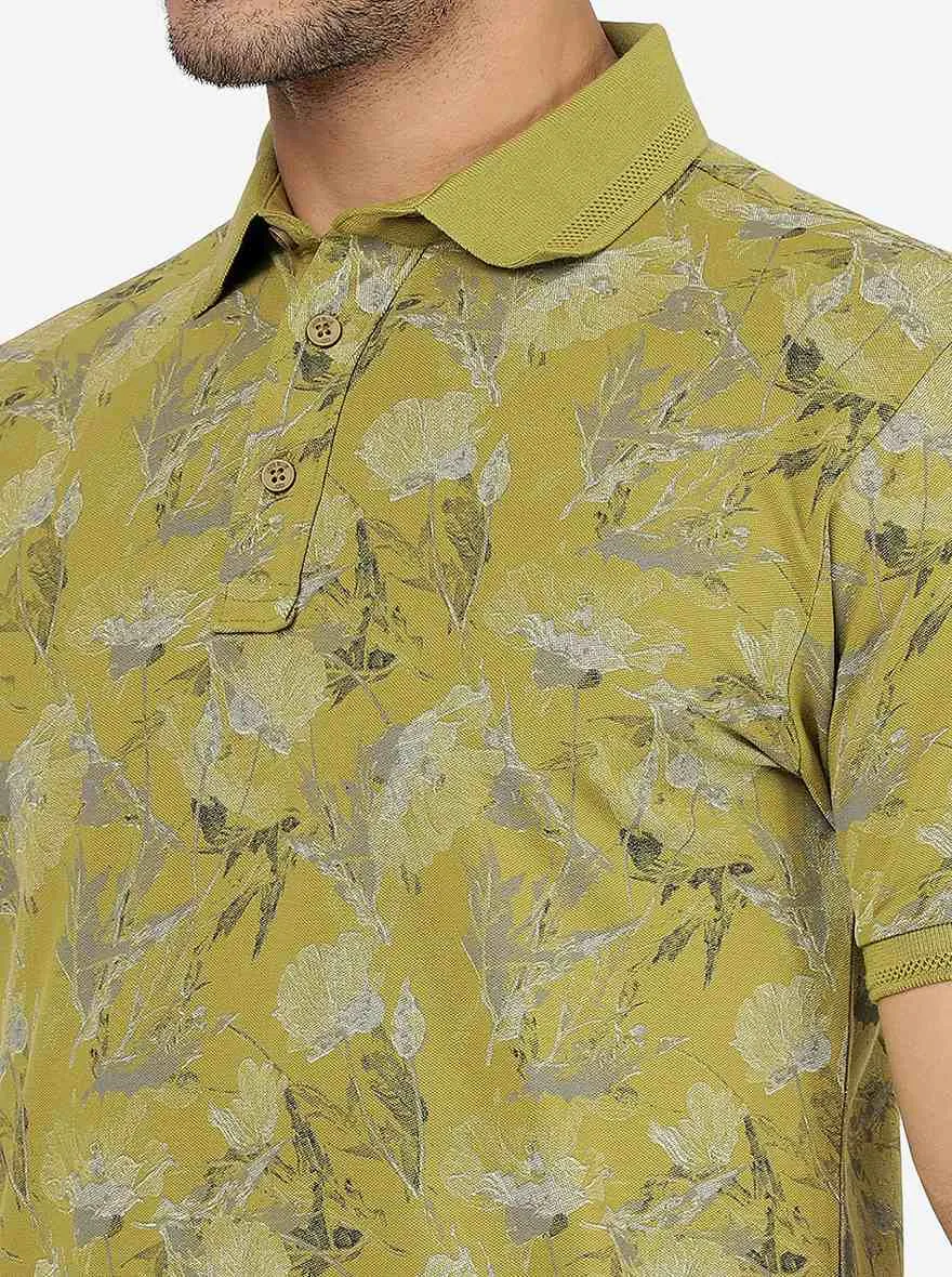 Light Olive Printed Slim Fit Polo T-Shirt | JadeBlue
