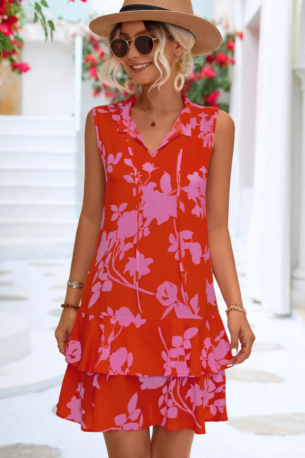 Lindy Printed Tie Neck Sleeveless Dress