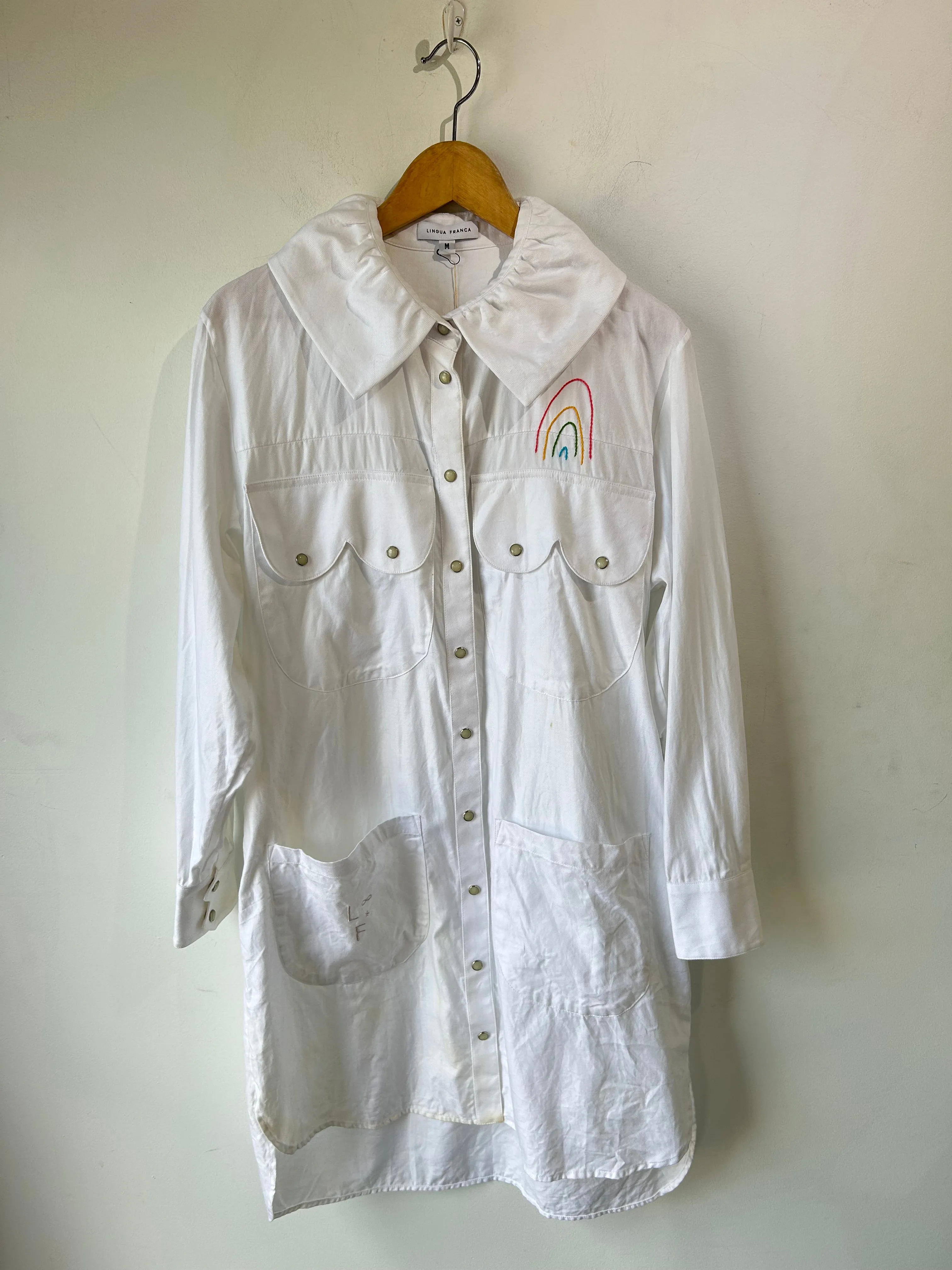 Lingua Franca White Western Dress with Embroidered Rainbow