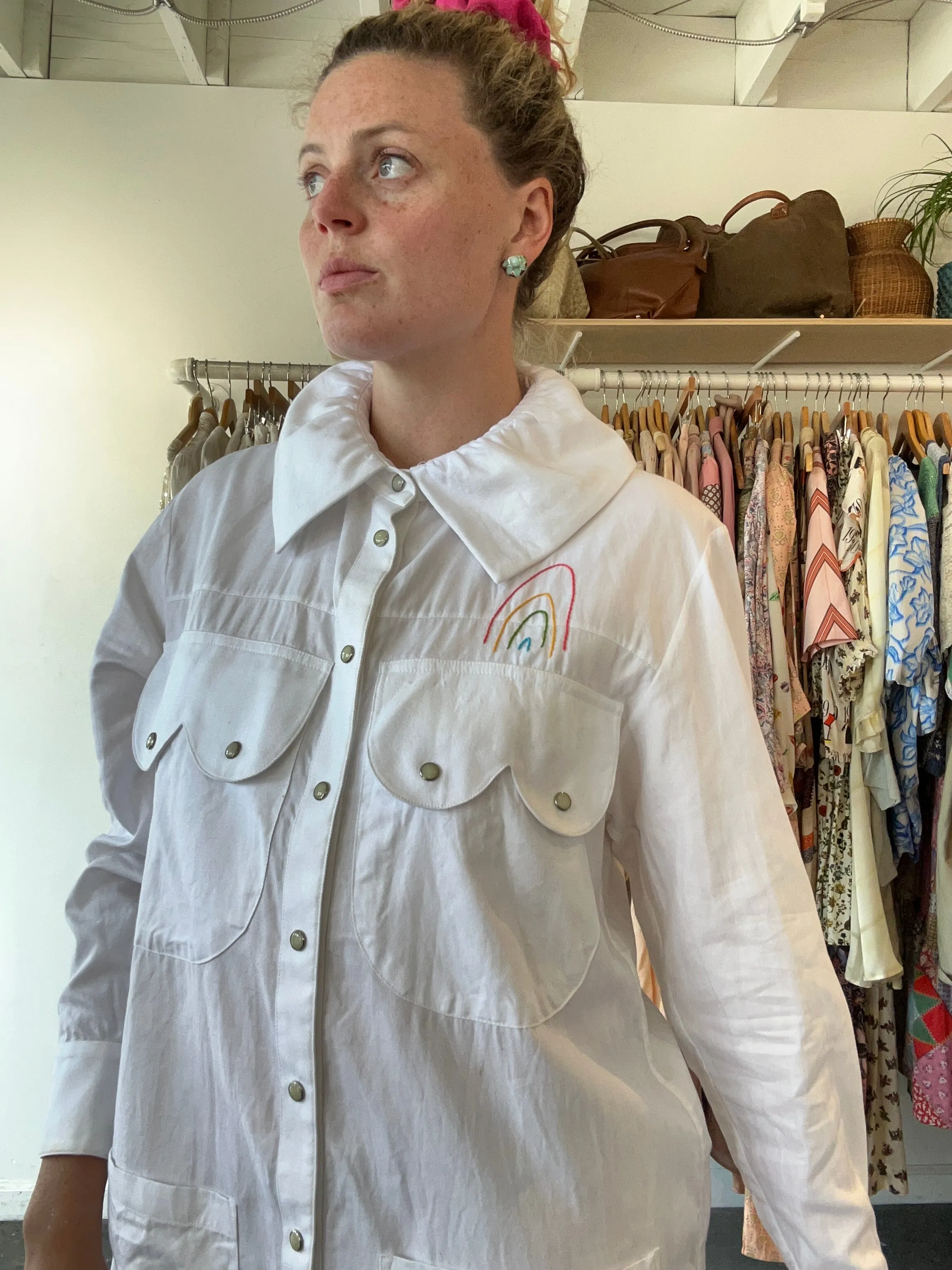 Lingua Franca White Western Dress with Embroidered Rainbow