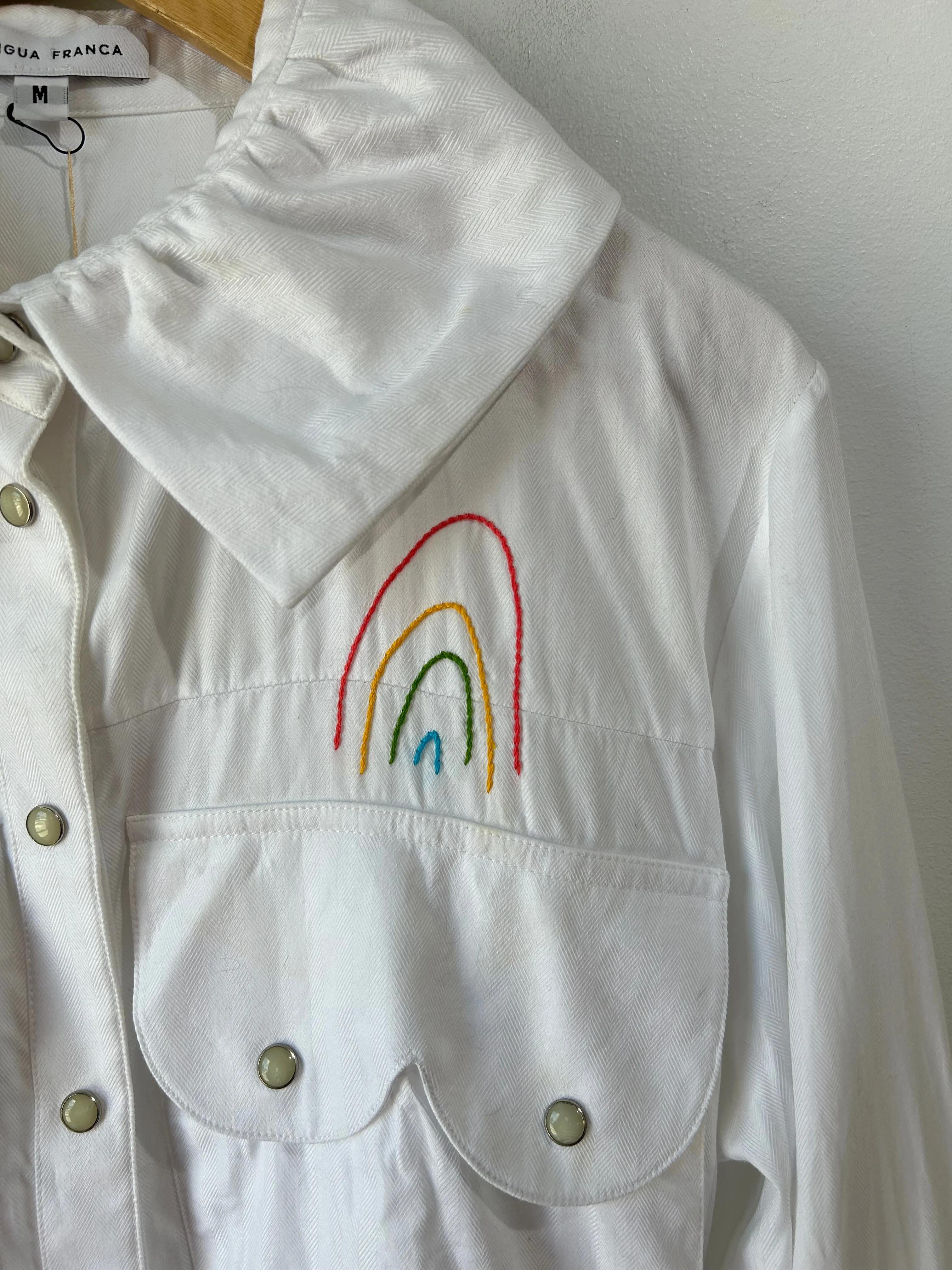 Lingua Franca White Western Dress with Embroidered Rainbow