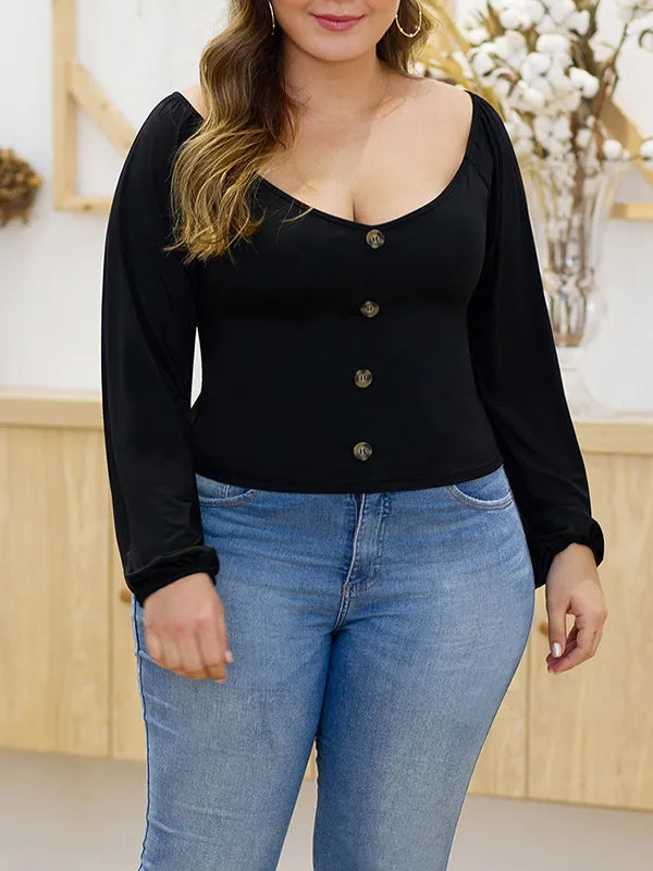 Low-cut Round Neck Long-sleeved Versatile Slim Large Size Women's T-shirt