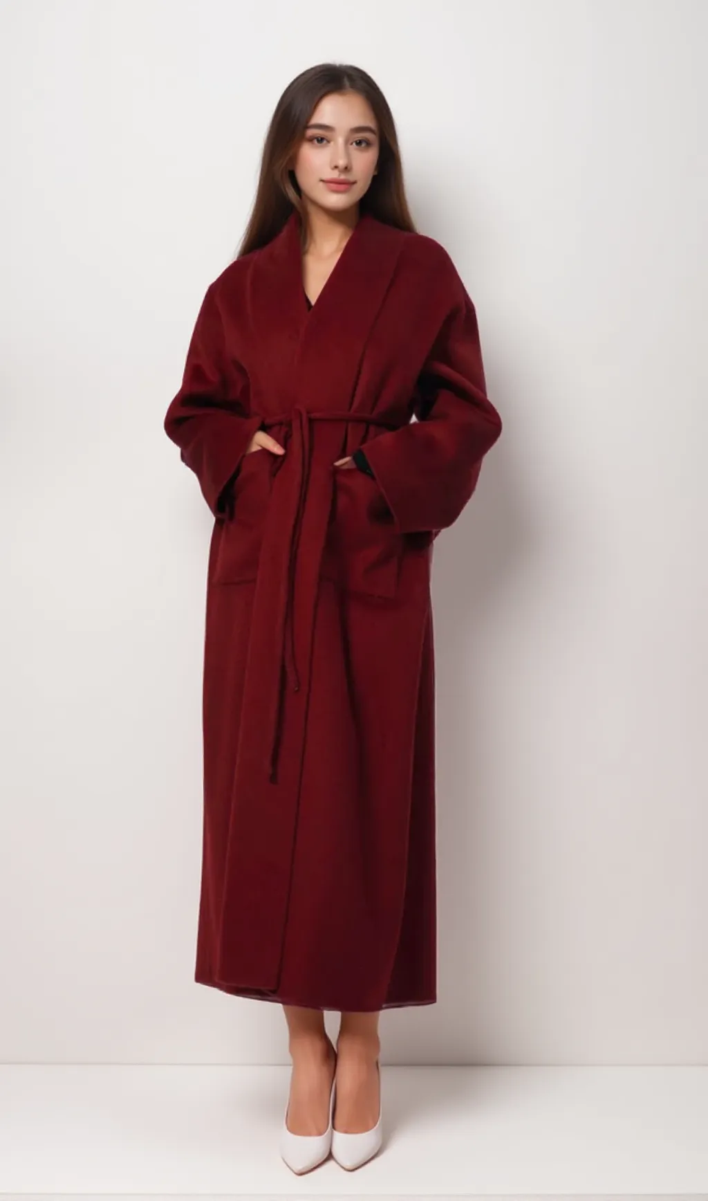 Luxurious Deep Red Belted Wool Coat with Oversized Fit