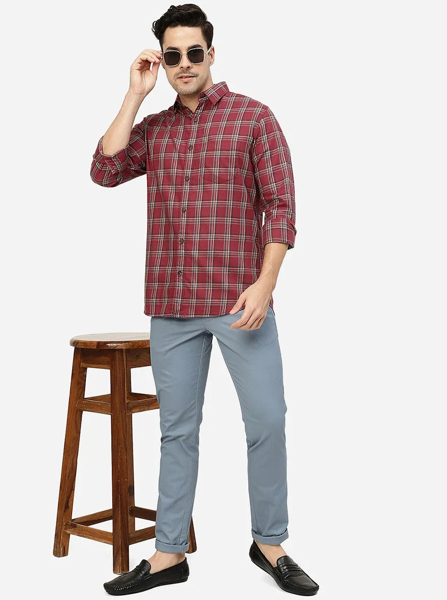 Maroon Checked Slim Fit Casual Shirt | JadeBlue