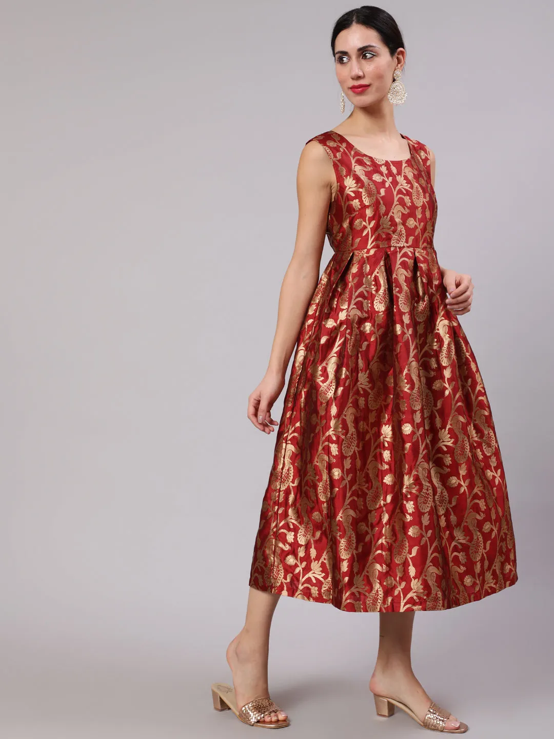 Maroon Jacquard Zari Work Wrap Dress
