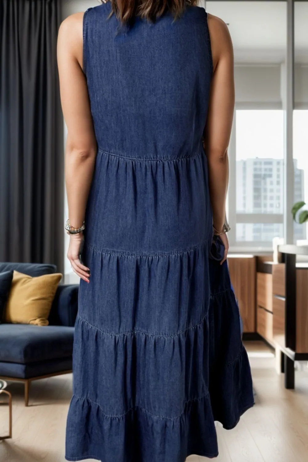 Meadow Tie Neck Sleeveless Denim Dress
