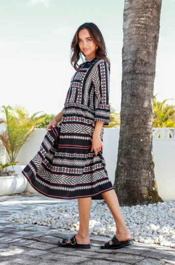 Mediterranean Midi Dress - Black White Pink