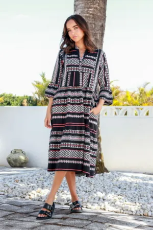 Mediterranean Midi Dress - Black White Pink