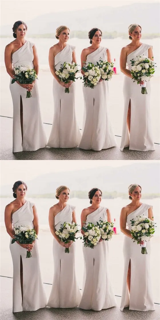 Mermaid One Shoulder Side Slit White Satin Long Cheap Bridesmaid Dresses Online, QB0113
