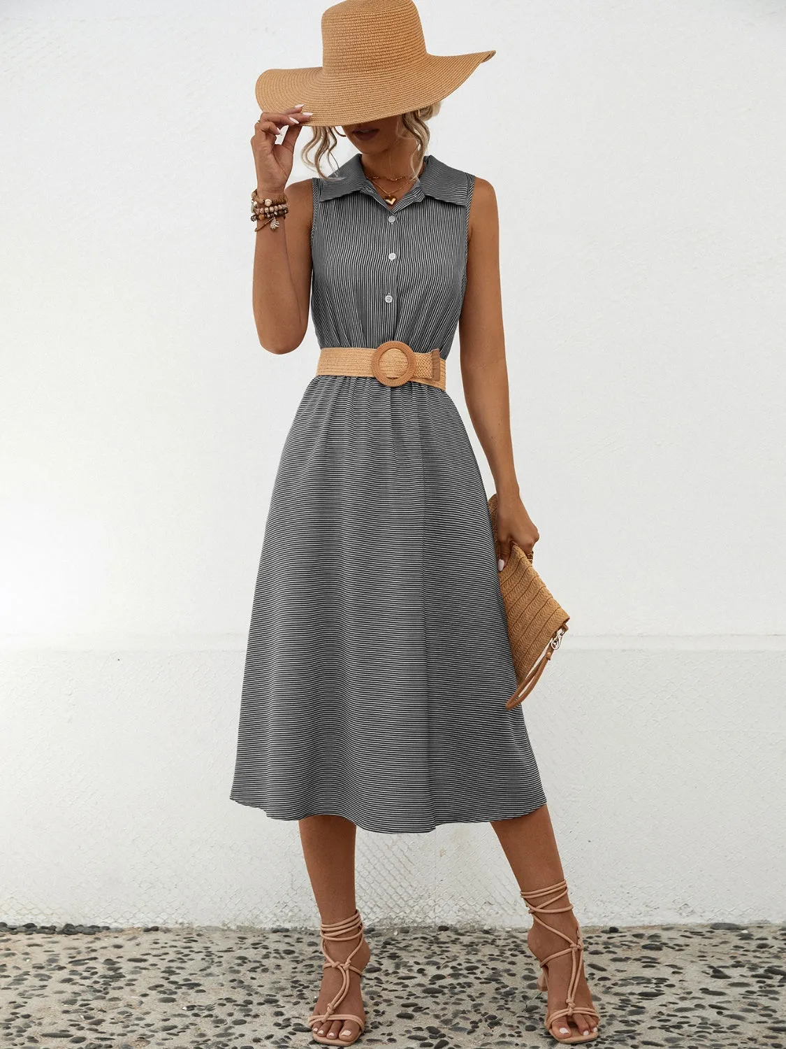 Michelle Striped Collared Neck Sleeveless Midi Dress