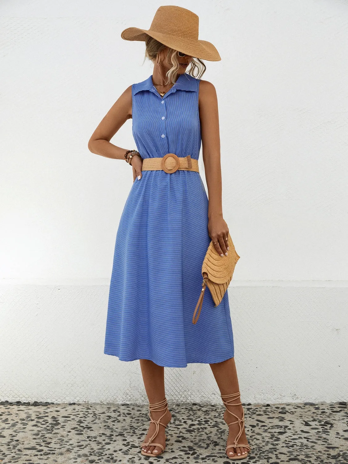 Michelle Striped Collared Neck Sleeveless Midi Dress