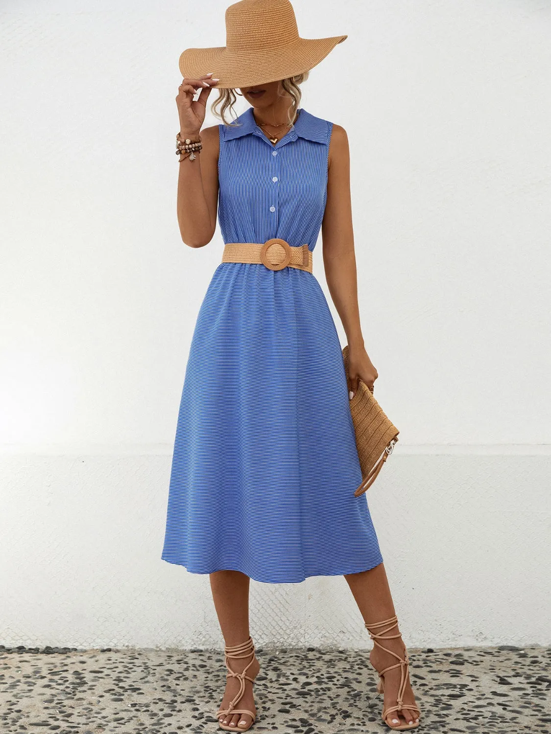 Michelle Striped Collared Neck Sleeveless Midi Dress