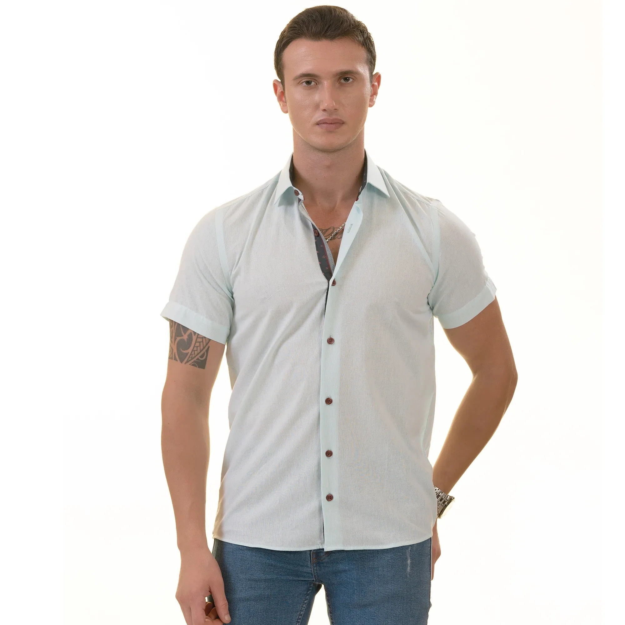 Mint Green Shirt  Paisley  Short Sleeve Button up Shirts - Tailored