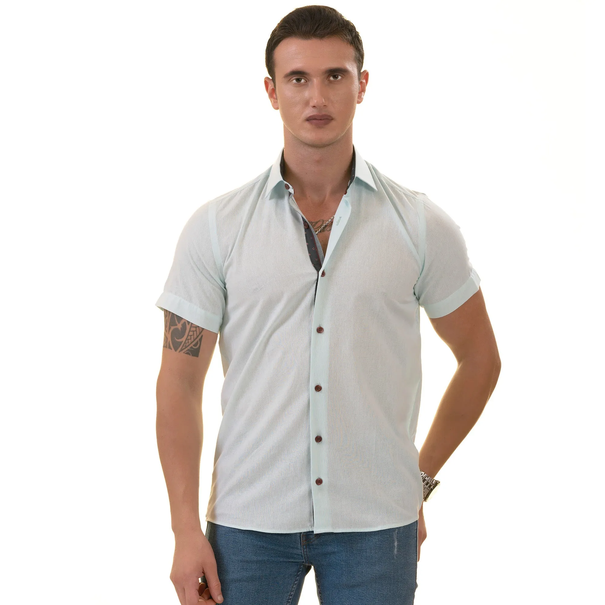 Mint Green Shirt  Paisley  Short Sleeve Button up Shirts - Tailored